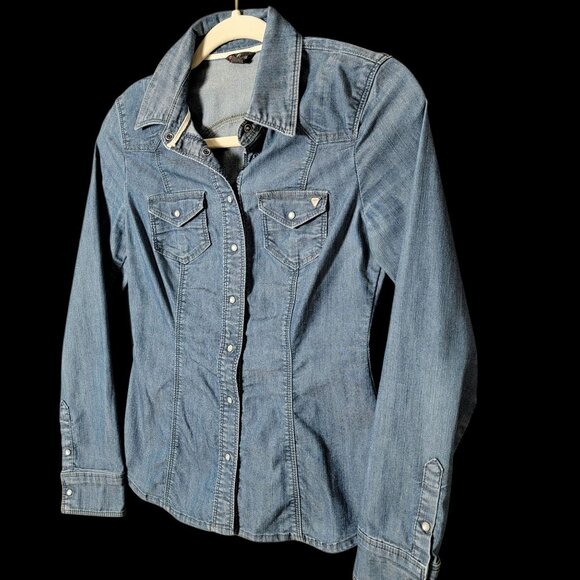 Guess Womens Blue Denim Jean Long Sleeve Western Fitted Snap Button Shirt Small - Picture 2 of 9